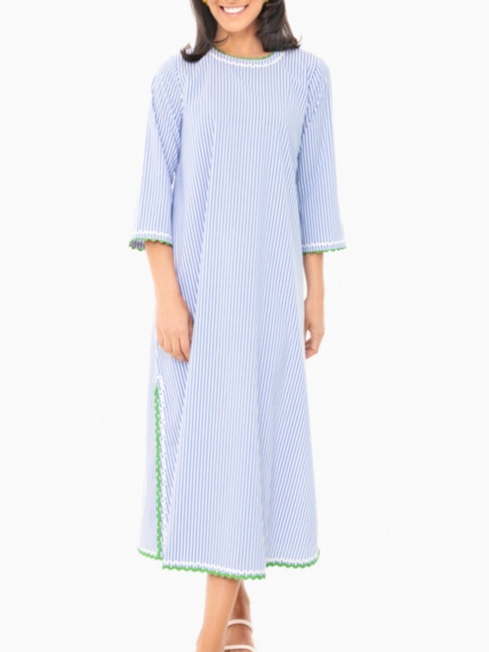 Tuckernuck Blue-and-White Striped Maxi Dress with Green Trim